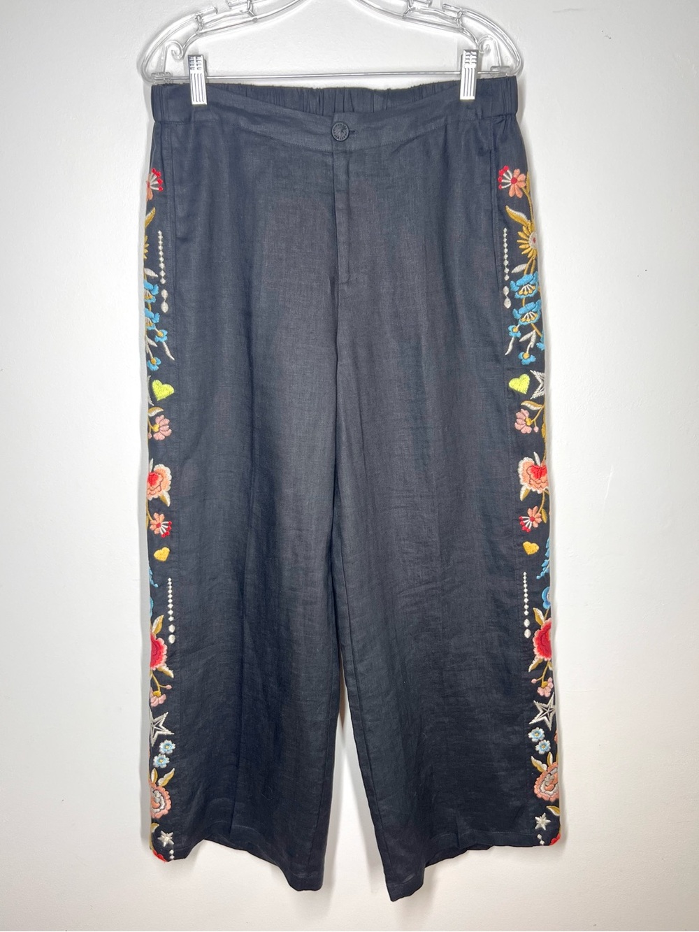 Johnny Was Maris Effortless Embroidered Linen Wide Leg Pant in Black Sz M - Picture 8 of 8